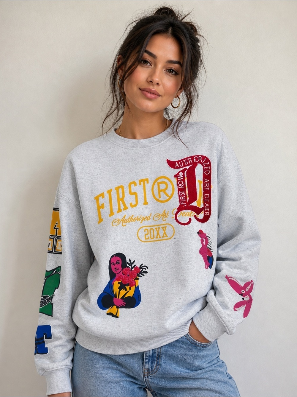 First Row Art Dealer Fleece Pullover Gray Embroidered Streetwear Sweatshirt L